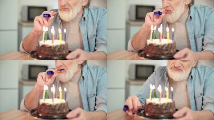 悲伤的祖父吹入派对号角，独自庆祝生日，退休金
