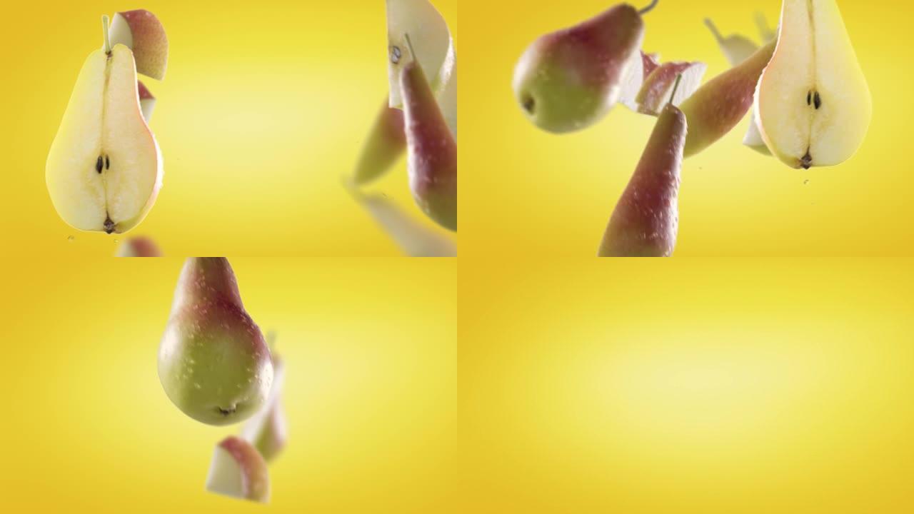 黄色背景下的梨子和切片的飞行