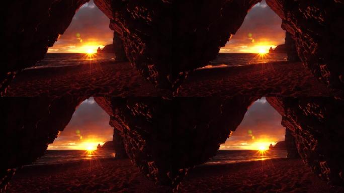 从日落，大海和海滩上的石洞可以看到，温暖的夕阳照亮了洞穴的火山岩。冰岛的火山玄武岩。美丽的世界，自然