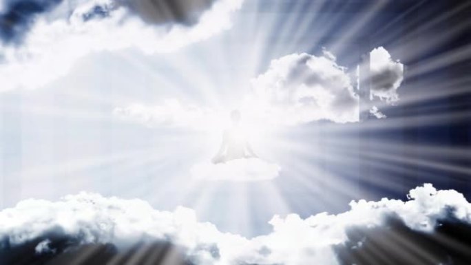 一个处于荷花位置的人的剪影在阳光的光芒中从天空中的一个入口飞过云层。冥想概念，开放的心态。具有视差效