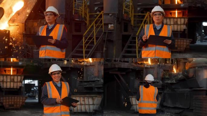 站在铸造厂的一位女性运营经理的DS肖像