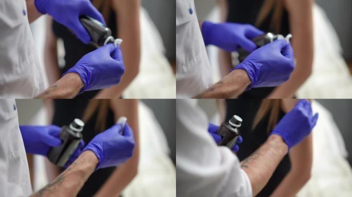 不明身份的医生在注射冠状病毒疫苗前给女性手臂消毒白人男子在室内为年轻女子接种疫苗。缓慢的运动。