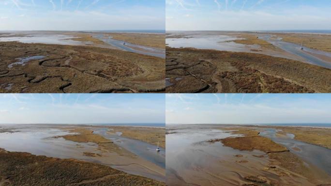 沼泽湿地无人机镜头与船，鸟和海岸