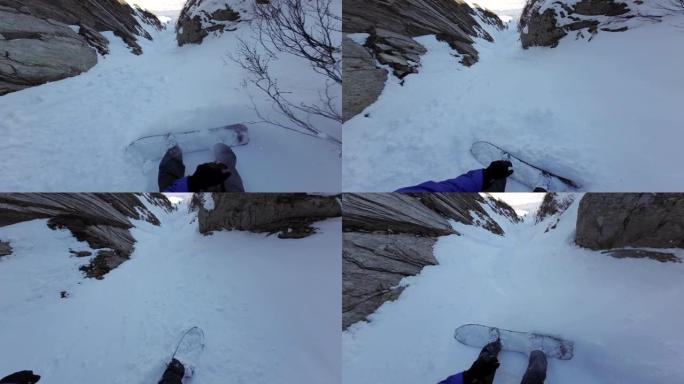 第一人称视角在陡峭的库洛瓦的粉末中自由骑行滑雪板