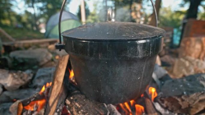 SLO MO铸铁锅在树林里的篝火上