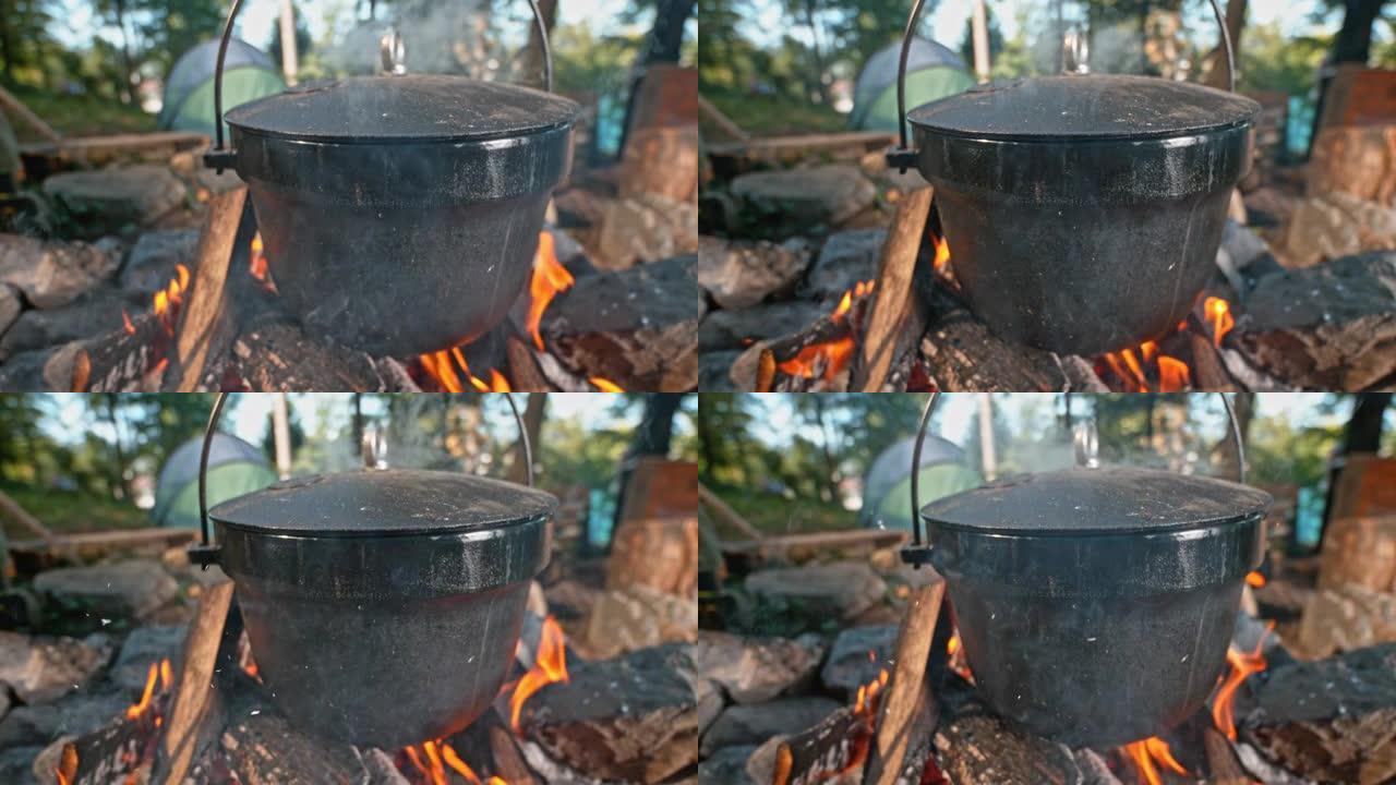 SLO MO铸铁锅在树林里的篝火上