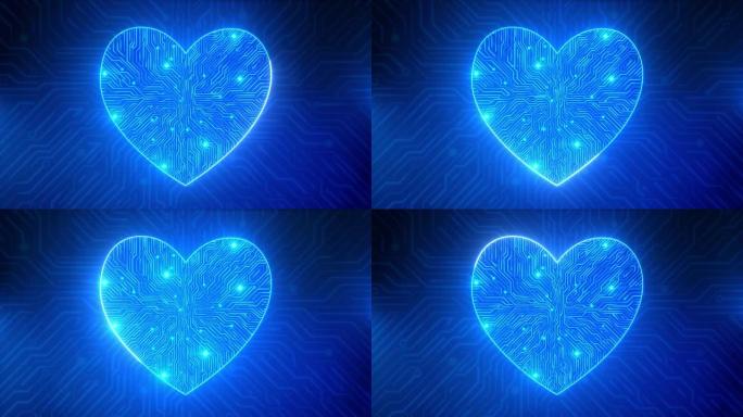 文摘数字心脏全球技术环路背景，蓝色电路板图案，微芯片，电源线。