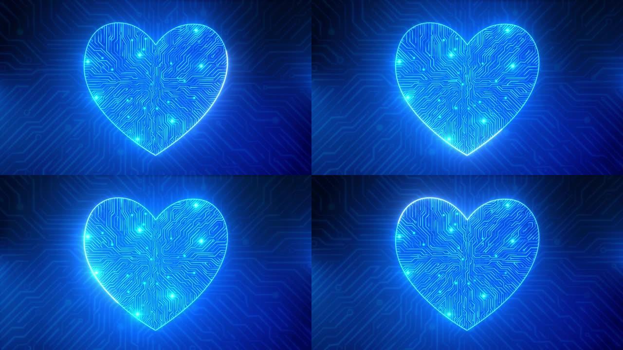 文摘数字心脏全球技术环路背景，蓝色电路板图案，微芯片，电源线。