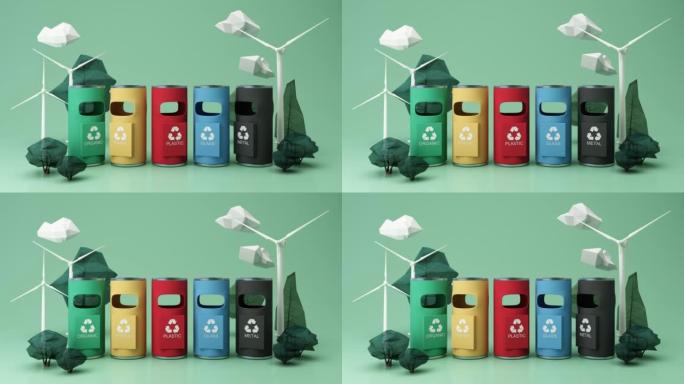废物分离概念在丢弃前进行分类，以帮助世界进行材料回收，以帮助恢复全球环境3d渲染