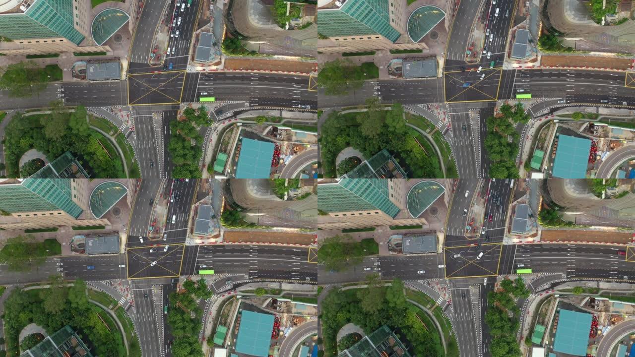 白天新加坡市中心交通街十字路口空中俯冲全景4k