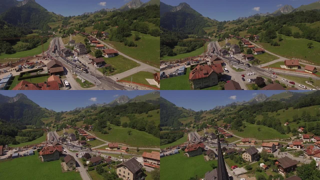 空中无人机拍摄了一个山区小镇火车站附近的建筑工地