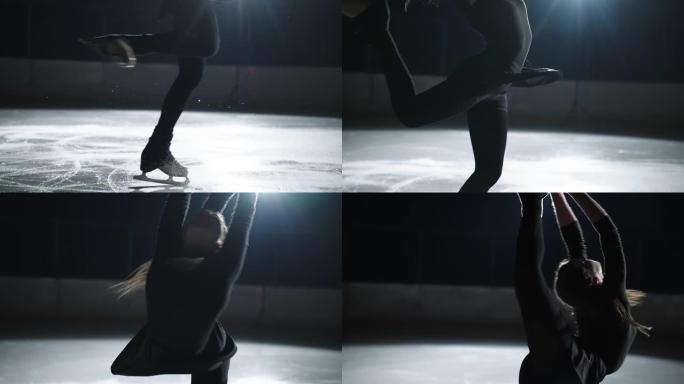 年轻的运动女人在溜冰场上旋转，运动女孩在比赛前穿着黑色衣服进行训练，排练程序和元素