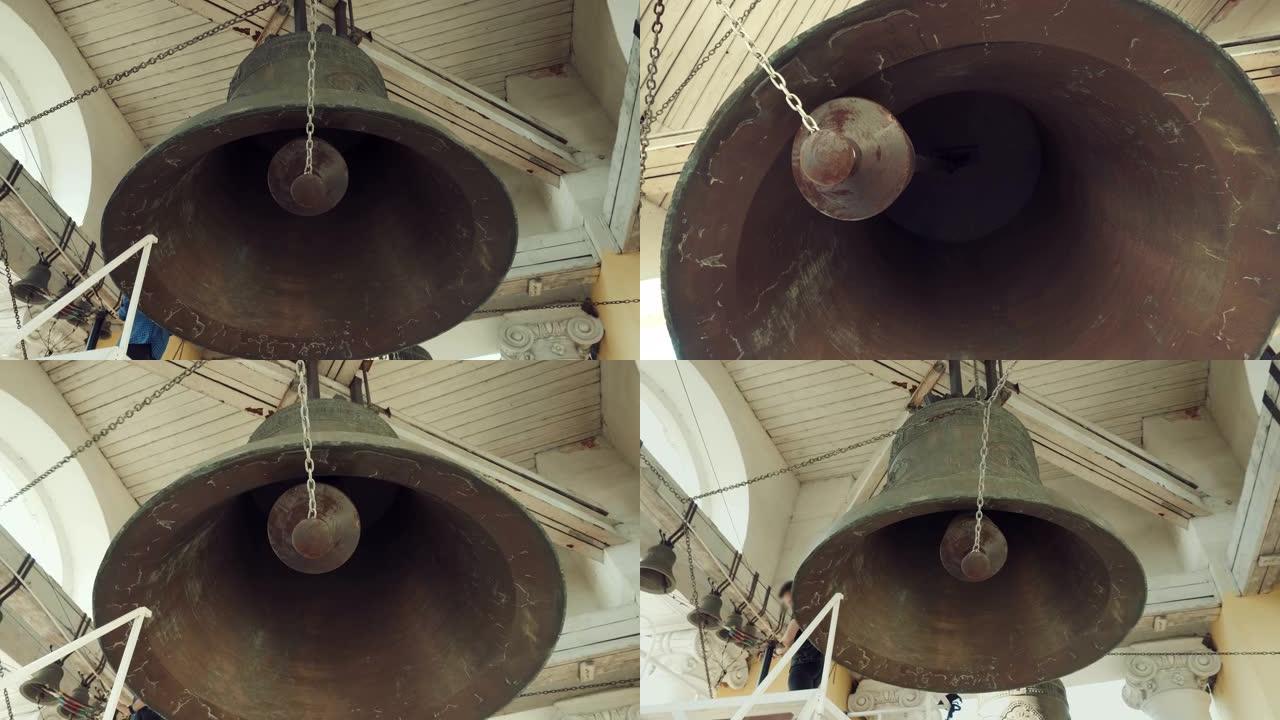 俄罗斯教堂钟楼上的一组不同大小和声音的铃铛