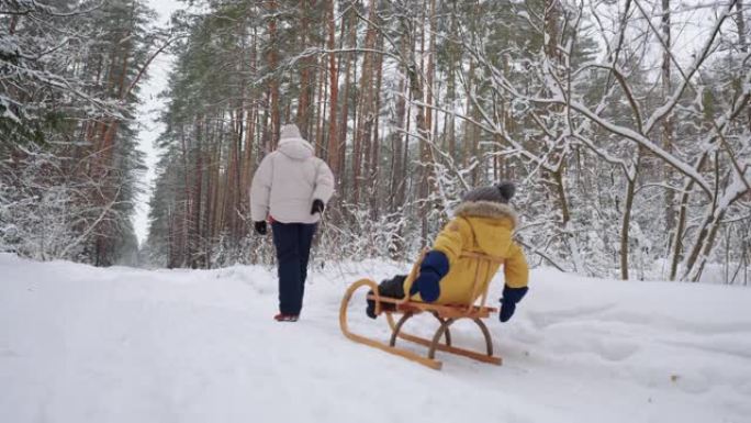 当他的母亲将他拉过森林里的积雪时，小孩正坐在雪橇上