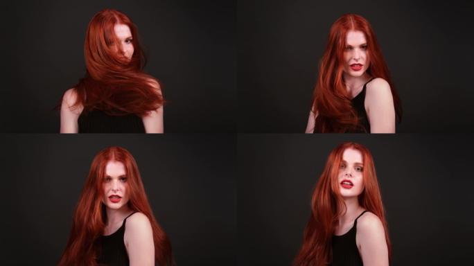 美丽的红发女人，留着健康的长发。诱人的脸