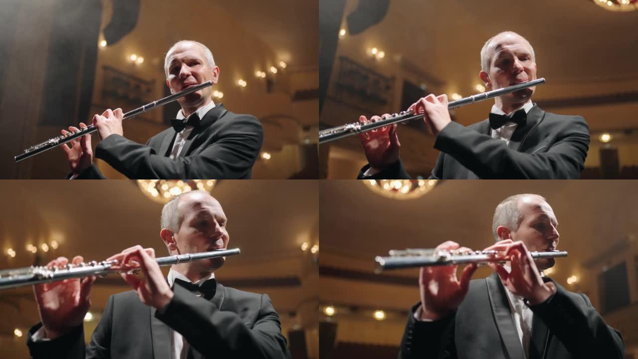 现代音乐厅演奏的长笛演奏家，现场有长笛的音乐家肖像，经典音乐会