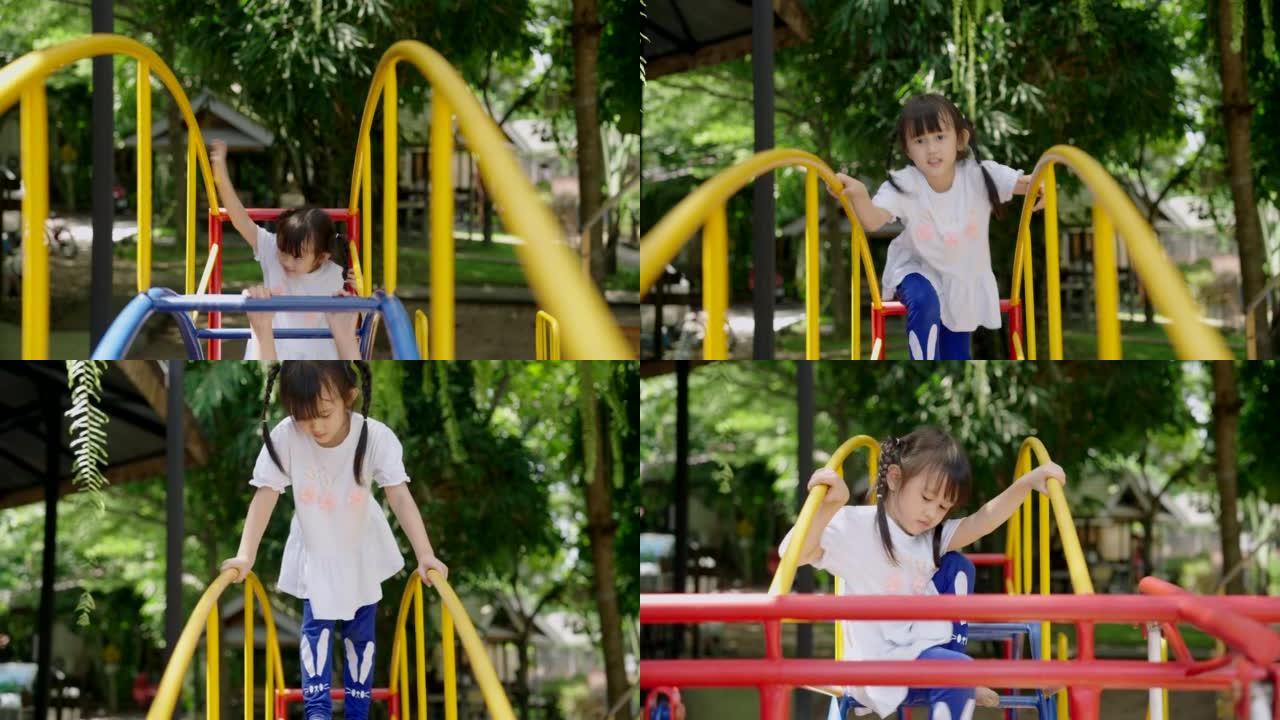亚洲儿童或儿童在公园和游乐场玩耍。
