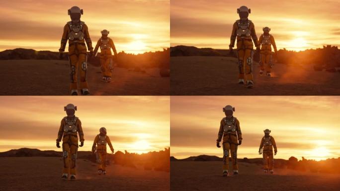 火星上的两名宇航员。探索外星星球