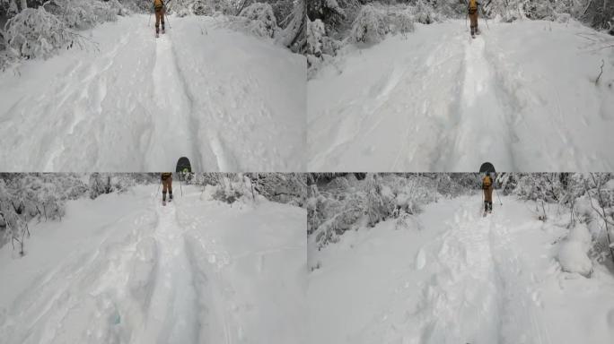 在白雪皑皑的森林中滑雪时的第一人称视角