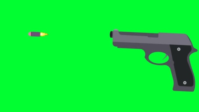 枪射和子弹在绿色屏幕上飞行。色度键上的手枪射击或枪扳机。武器特写。
