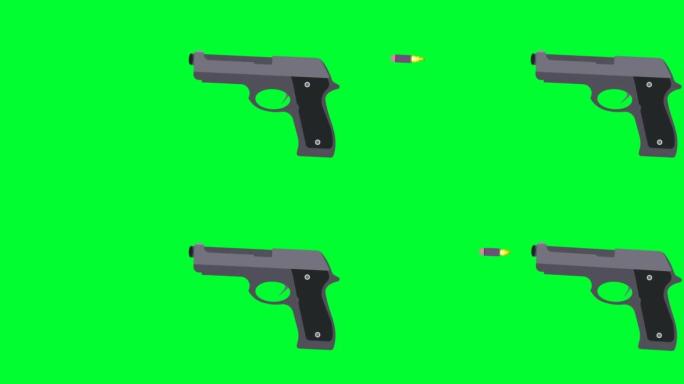 枪射和子弹在绿色屏幕上飞行。色度键上的手枪射击或枪扳机。武器特写。