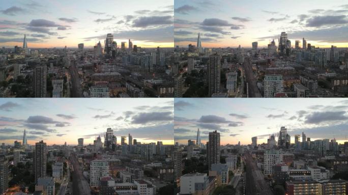 (轰隆声)从无人机视角俯瞰伦敦，沿着著名的凯布尔街向西望去