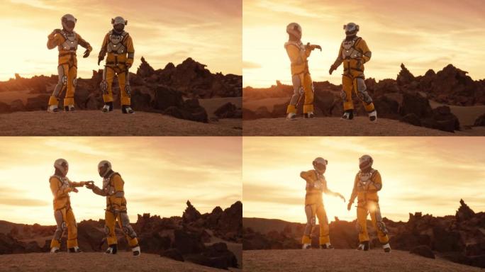 火星上的两名宇航员。在外星星球上一起跳舞