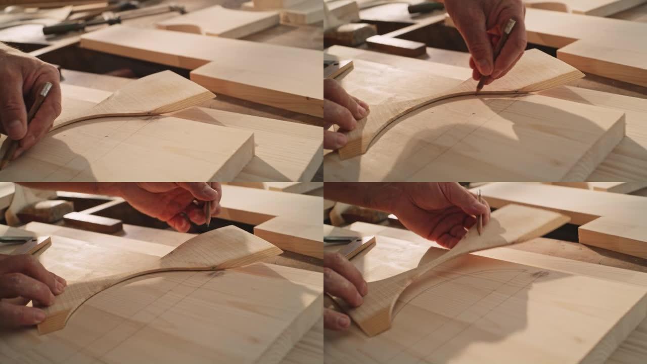 SLO MO Carpenter的手在木头上勾勒出形状