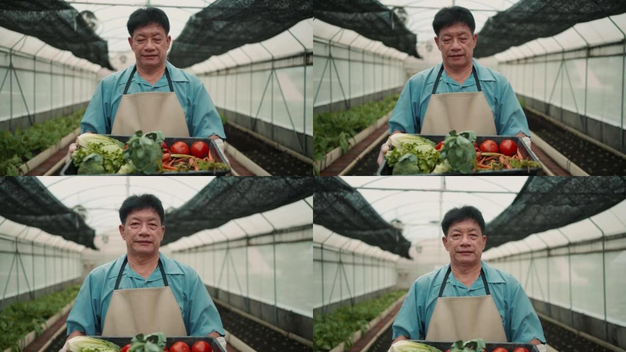 亚洲成熟男子在农场里拿着一箱新鲜农产品