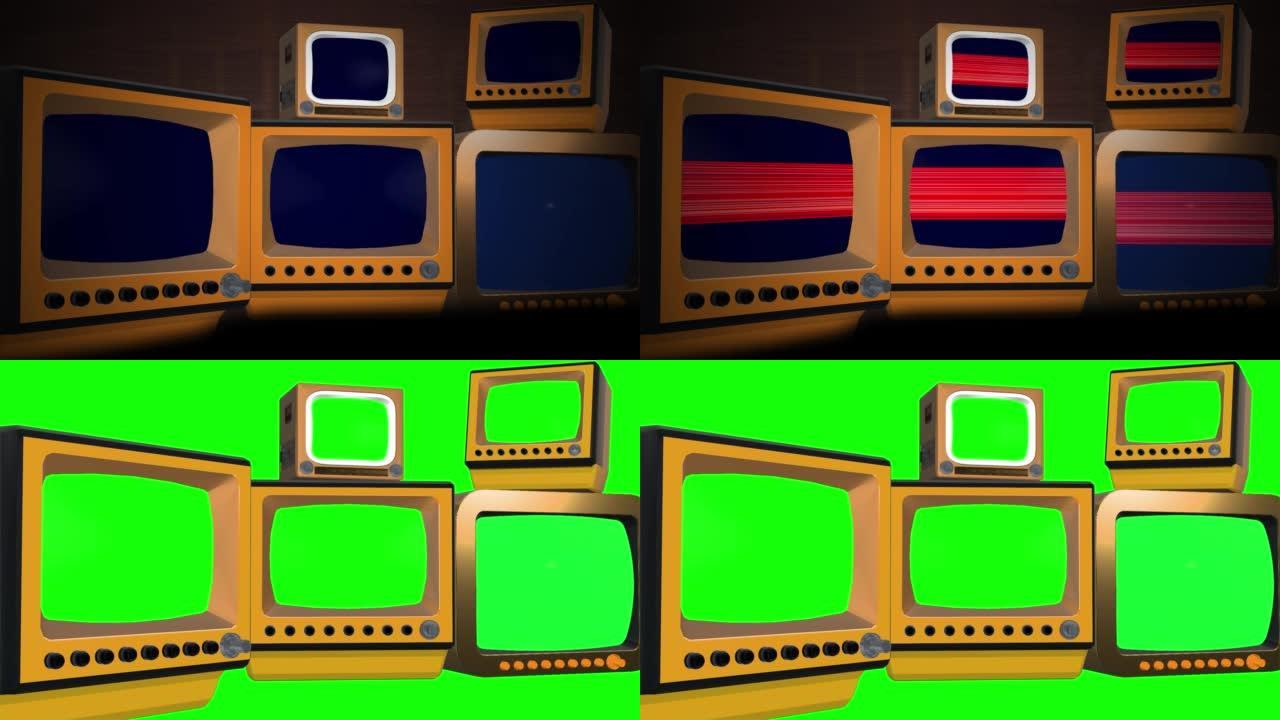 无信号和空白绿屏监视器的电视的3d循环动画，