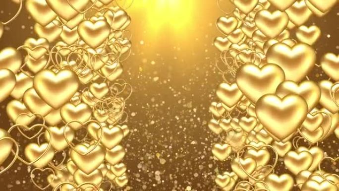 美丽的情人节金色的心由循环动画背景中的火花粒子制成