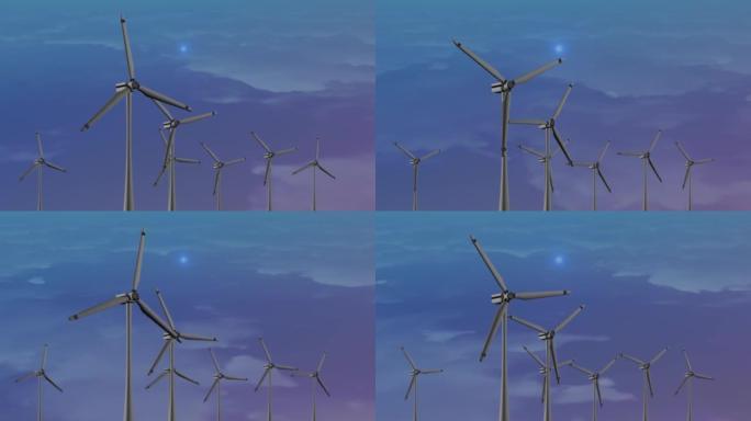 风力涡轮机农场，风车农场螺旋桨在风环动画背景中旋转。