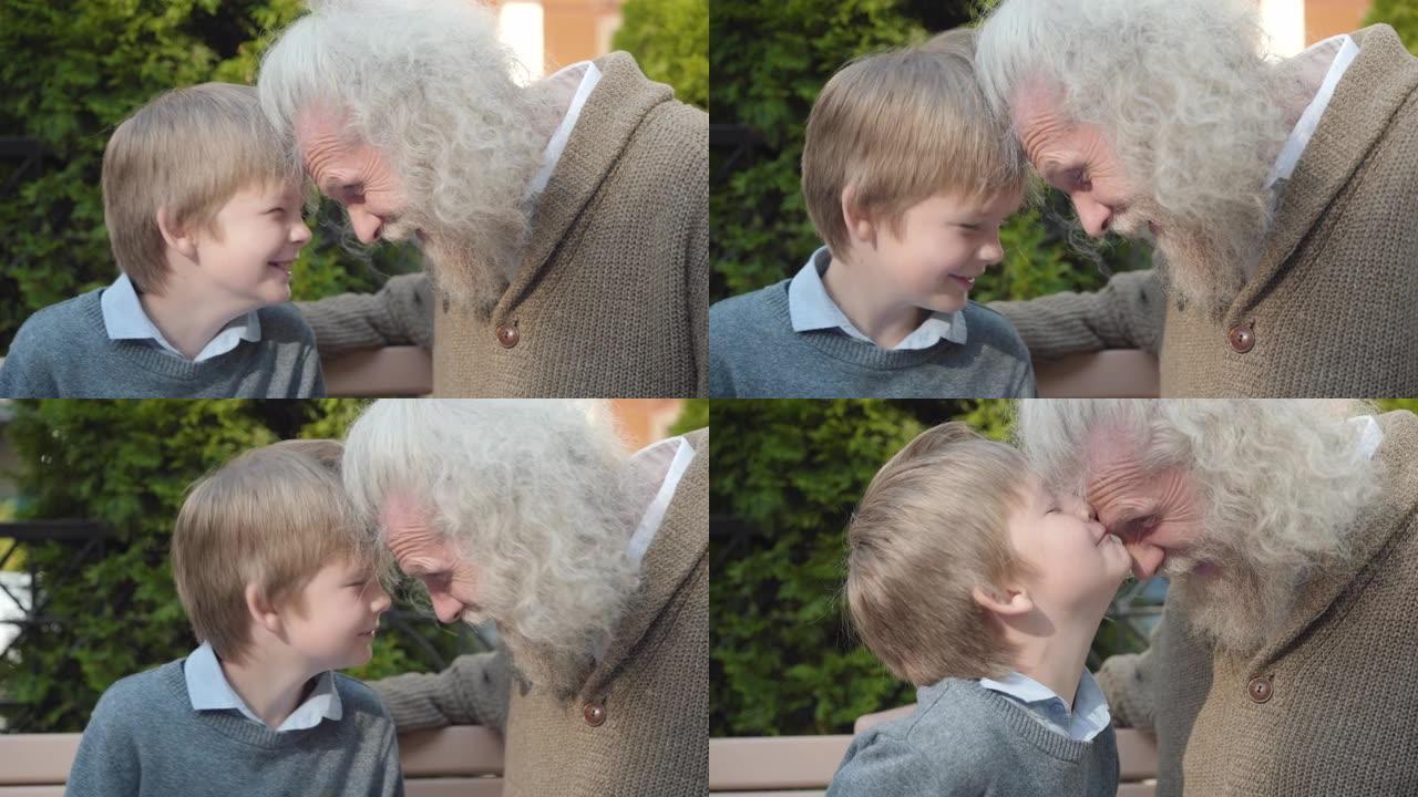 欢乐的祖父和孙子在户外摩擦鼻子的特写侧视图。快乐的高加索高级白发男子和大笑可爱的小男孩的肖像。