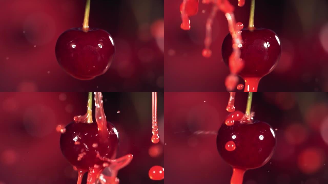 果汁中的樱桃在慢动作中飞溅深红色背景