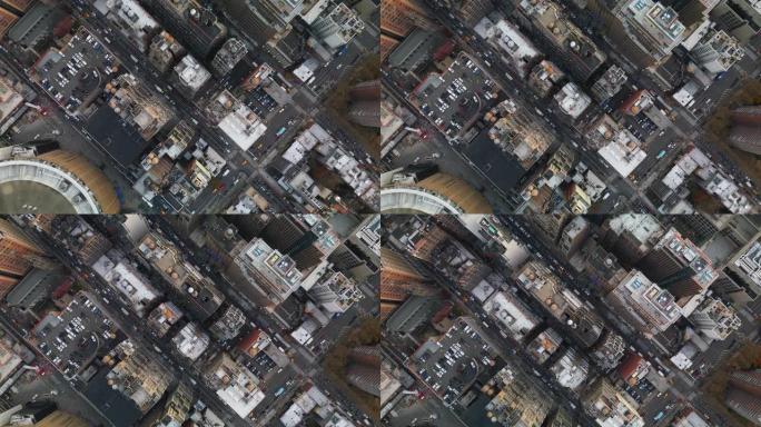 飞越大都市的高楼大厦。曼哈顿中城的鸟瞰图。美国纽约市