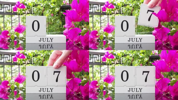 一个木制日历，有一个重要的活动，7月7日在一张有芙蓉花的桌子上，女人的手在日历上设定了日期。将日历翻