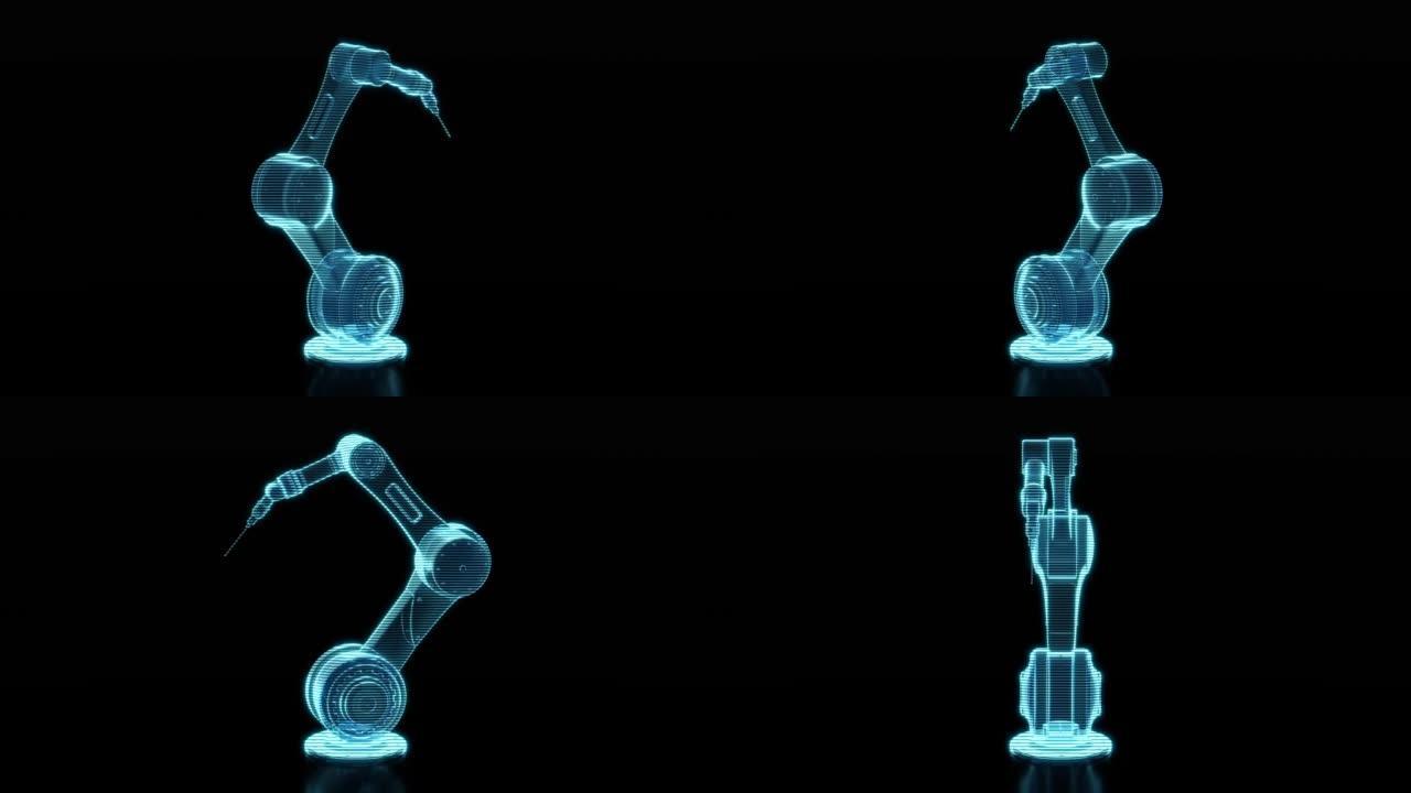 机械臂的循环旋转与全息图，3d渲染。