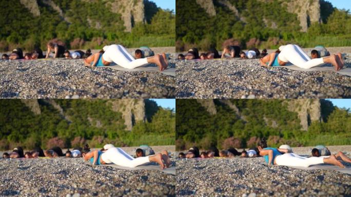 一小群在海滩上冥想的人。太阳升起时做瑜伽，太阳致敬。