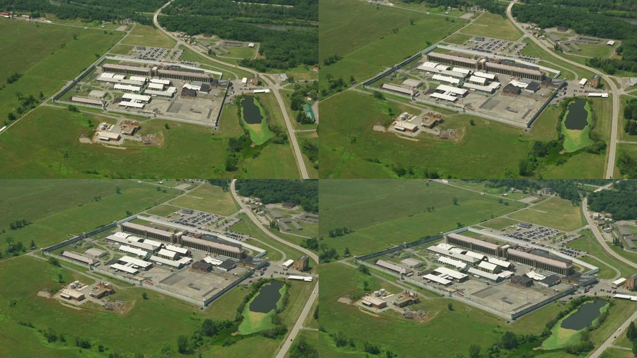 印第安纳州大约2019年。监狱的鸟瞰图。用Cineflex万向节和红色8k摄像机从直升机上拍摄。