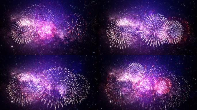 国庆期间的夜晚，4K循环的真正多彩的烟花在天空中展示