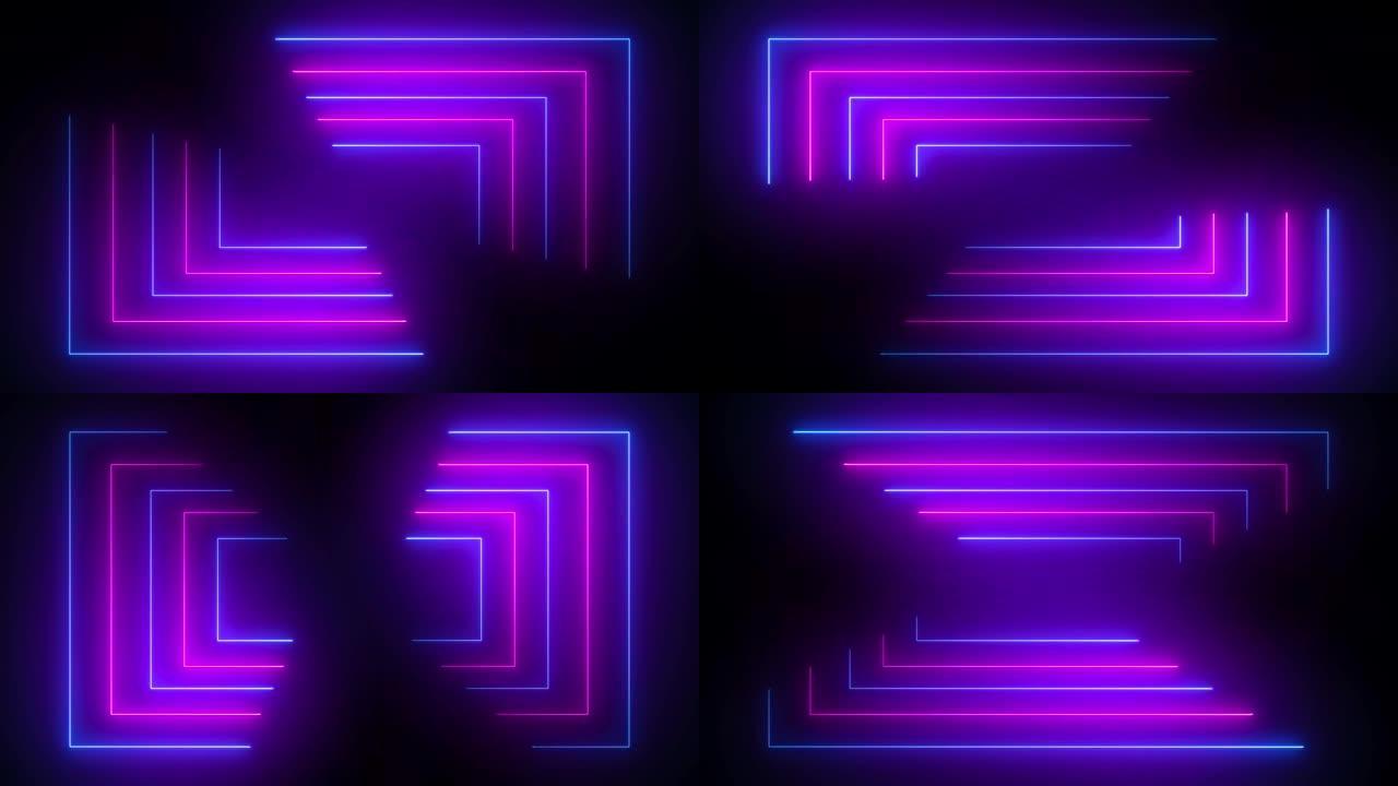 动画盒形状4k环线霓虹灯激光显示循环动画紫外线光谱。