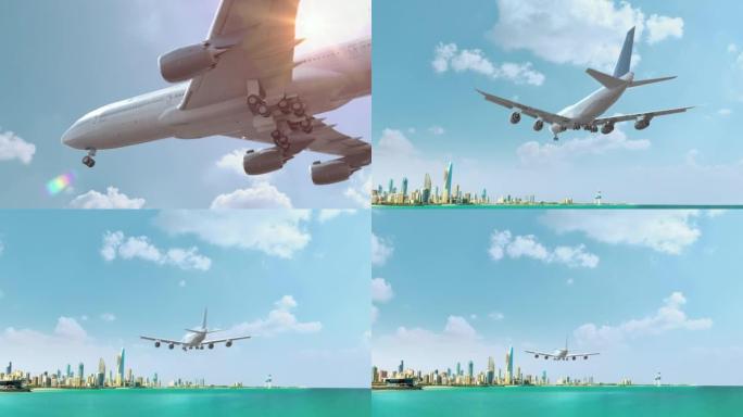 飞行和降落科威特的客机。飞机概念