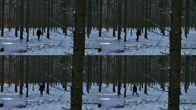 女人在日落时穿过白雪皑皑的森林