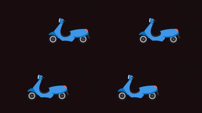 斯科特在阿尔法频道开车。卡通空摩托车和女孩踏板车。骑卡通玩具滑车。快递摩托车。