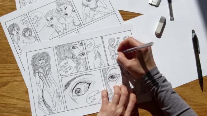 艺术家在纸上绘制漫画人物的故事板。