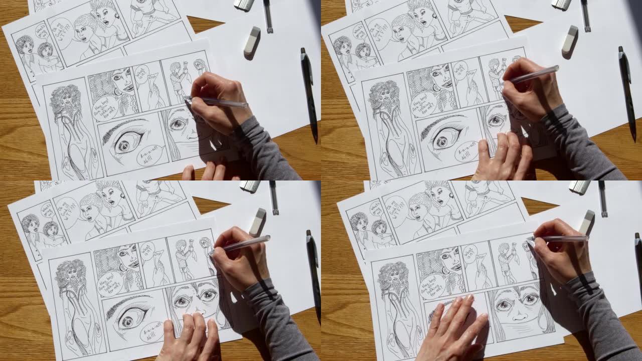 艺术家在纸上绘制漫画人物的故事板。