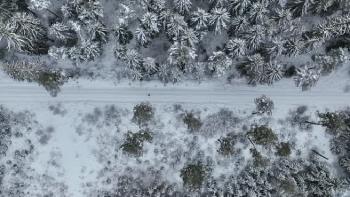空中无人机拍摄了一名妇女在树林中沿雪道行走的镜头