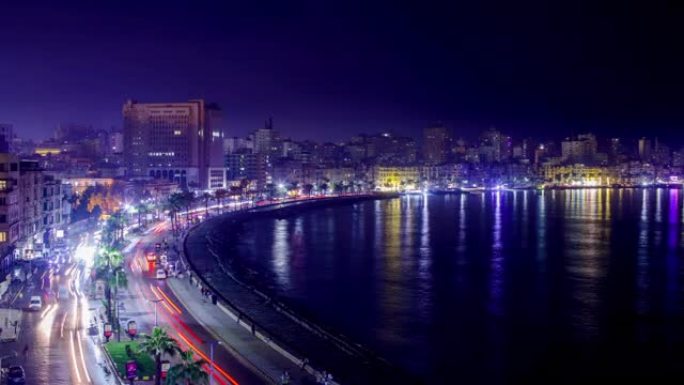 埃及亚历山大车灯夜间经济繁华