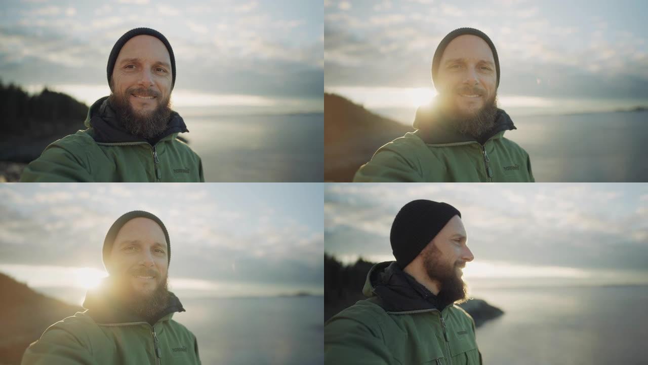 挪威Sognefjord的峡湾平静的海洋中的男子自拍视频