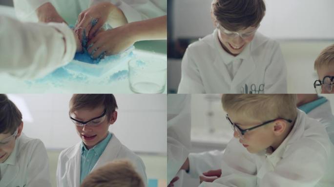 男孩们在实验室玩得开心。用手制作动力砂。特写